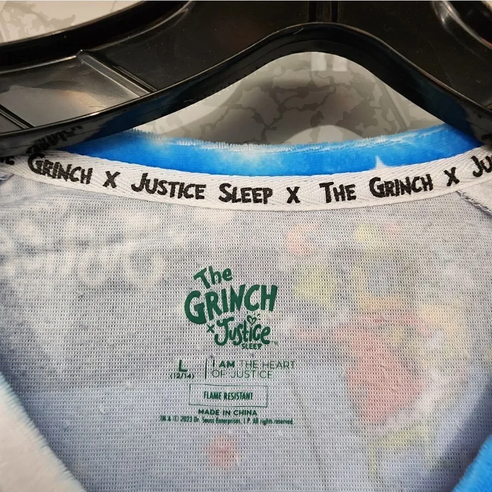 Nwt Justice Christmas Grinch Snow Scene Fairisle Snap Front 1Pc Pajamas, L 12/14